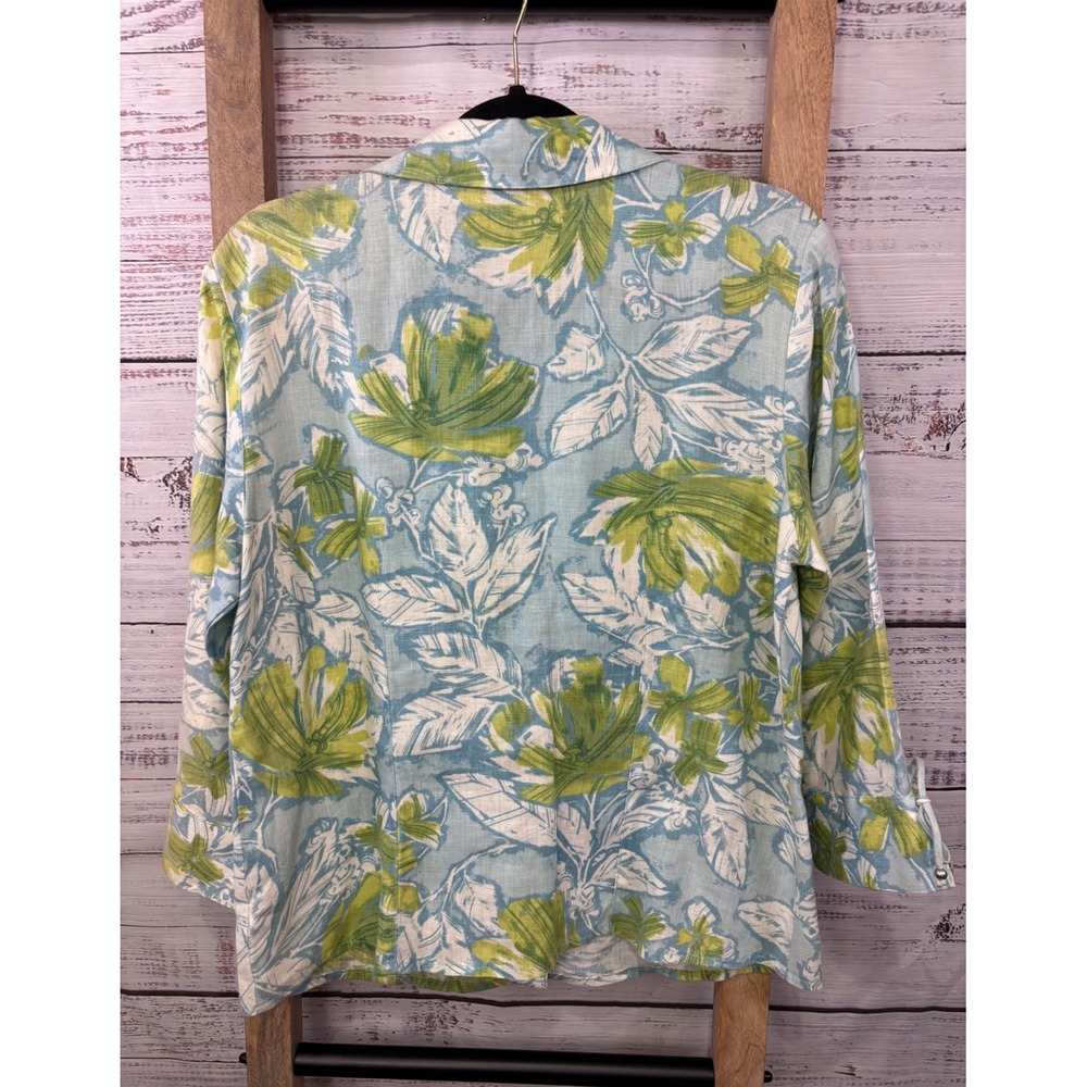 JM Collection 100% Linen Button Down Floral Blue Green 3/4 Sleeve Tie Cuff - Picture 5 of 10